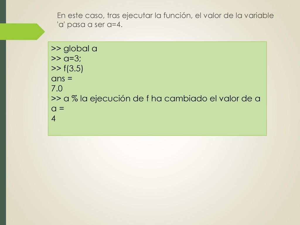 >> a % la ejecución de f ha cambiado el valor de a a = 4