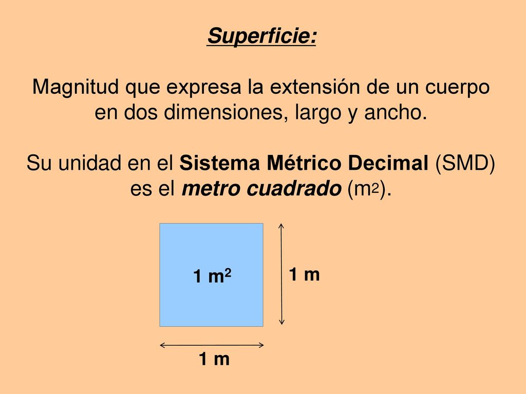 Superficie: Magnitud que expresa la extensión de un cuerpo en dos dimensiones, largo y ancho. Su unidad en el Sistema Métrico Decimal (SMD) es el metro cuadrado (m2).