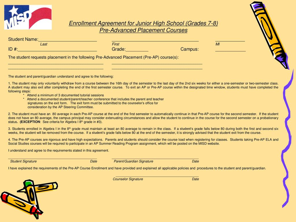 Enrollment Agreement for Junior High School (Grades 7-8)