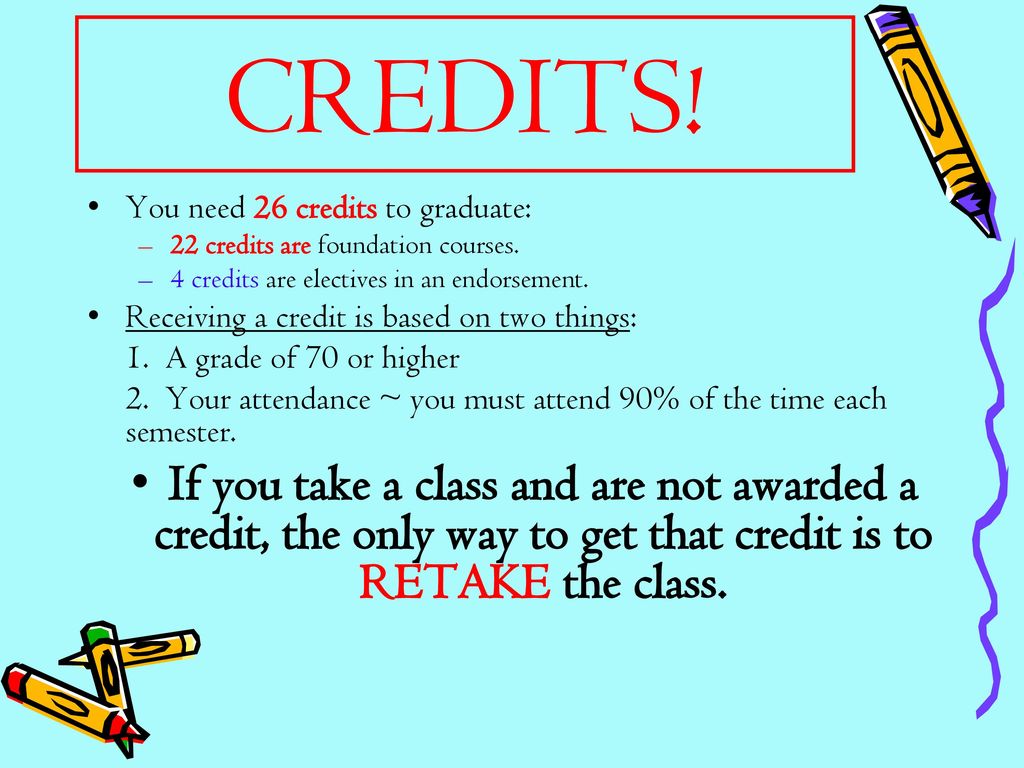 CREDITS! You need 26 credits to graduate: 22 credits are foundation courses. 4 credits are electives in an endorsement.