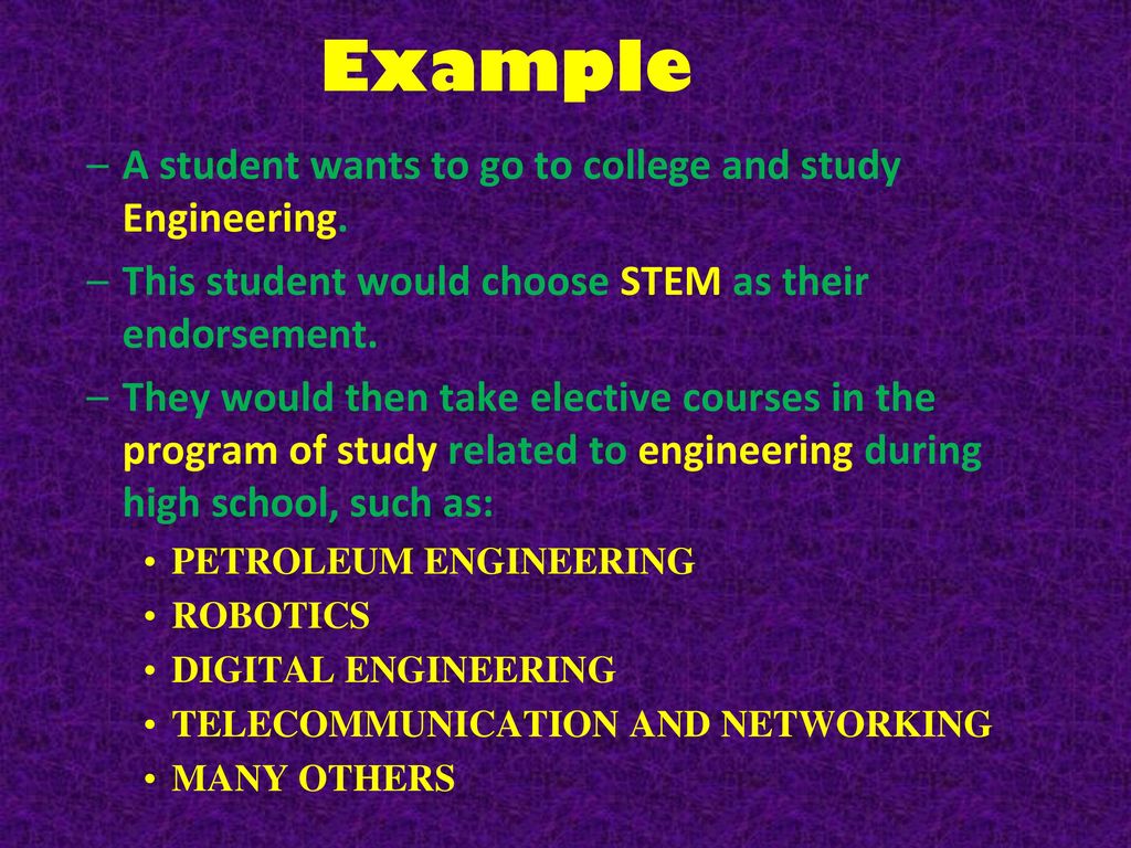 Example A student wants to go to college and study Engineering.