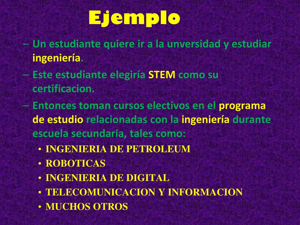 Ejemplo Un estudiante quiere ir a la unversidad y estudiar ingeniería.