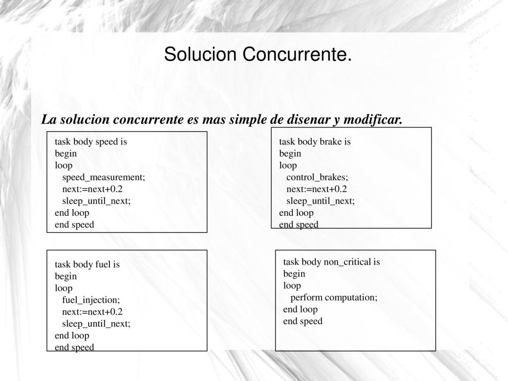 Solucion Concurrente. La solucion concurrente es mas simple de disenar y modificar. task body speed is.
