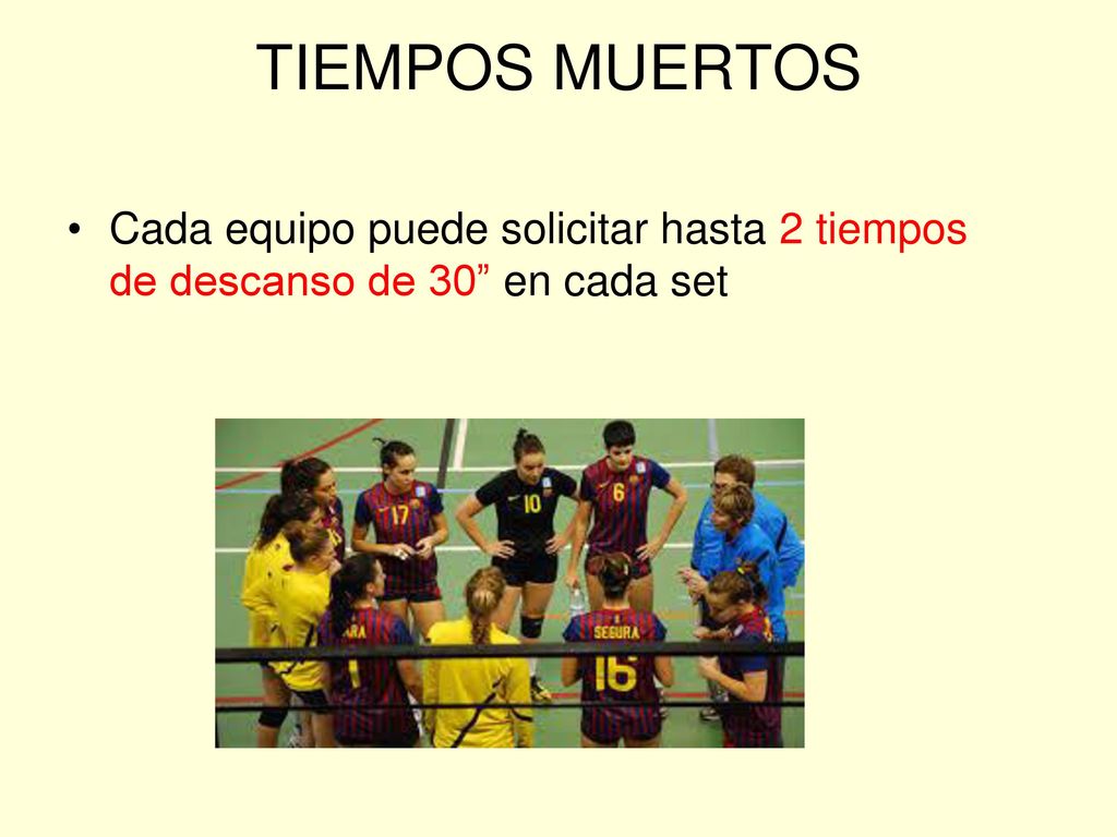 TIEMPOS MUERTOS Cada equipo puede solicitar hasta 2 tiempos de descanso de 30 en cada set
