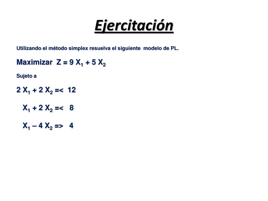 Ejercitación Maximizar Z = 9 X1 + 5 X2 2 X1 + 2 X2 =< 12
