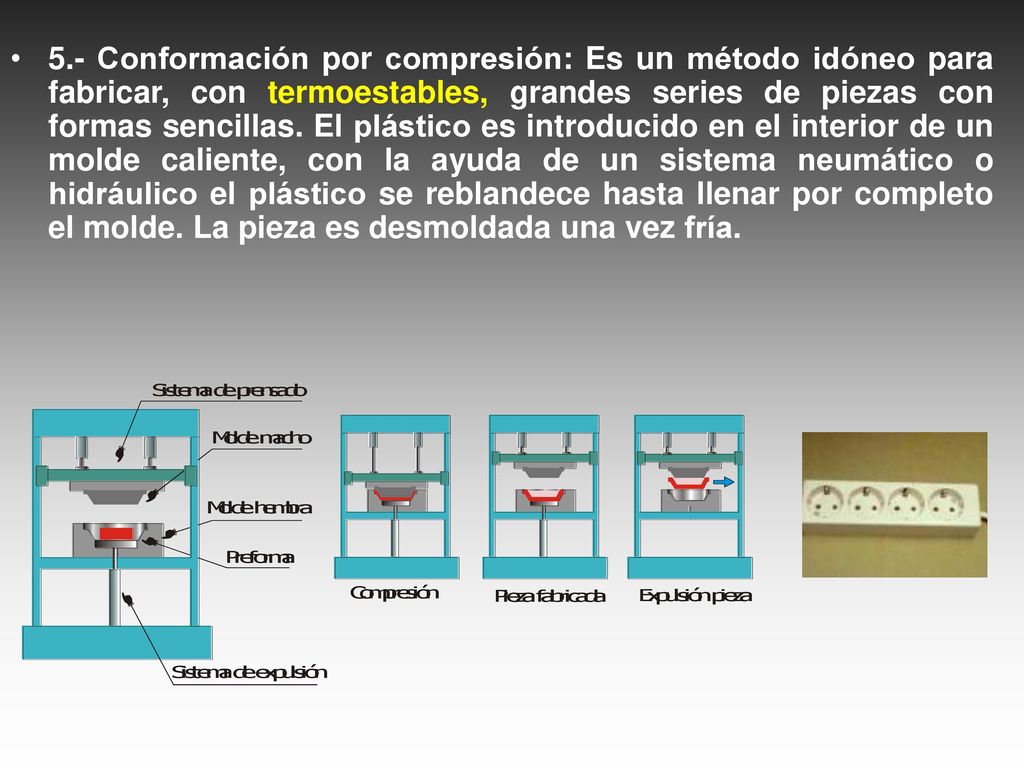 5.- Conformación por compresión: Es un método idóneo para fabricar, con termoestables, grandes series de piezas con formas sencillas.