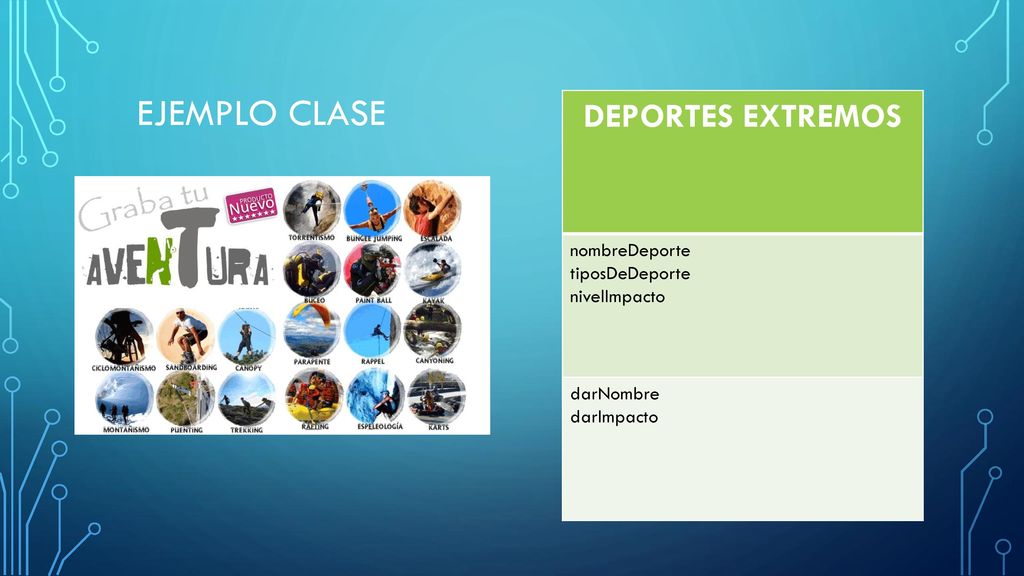 EJEMPLO CLASE DEPORTES EXTREMOS nombreDeporte tiposDeDeporte