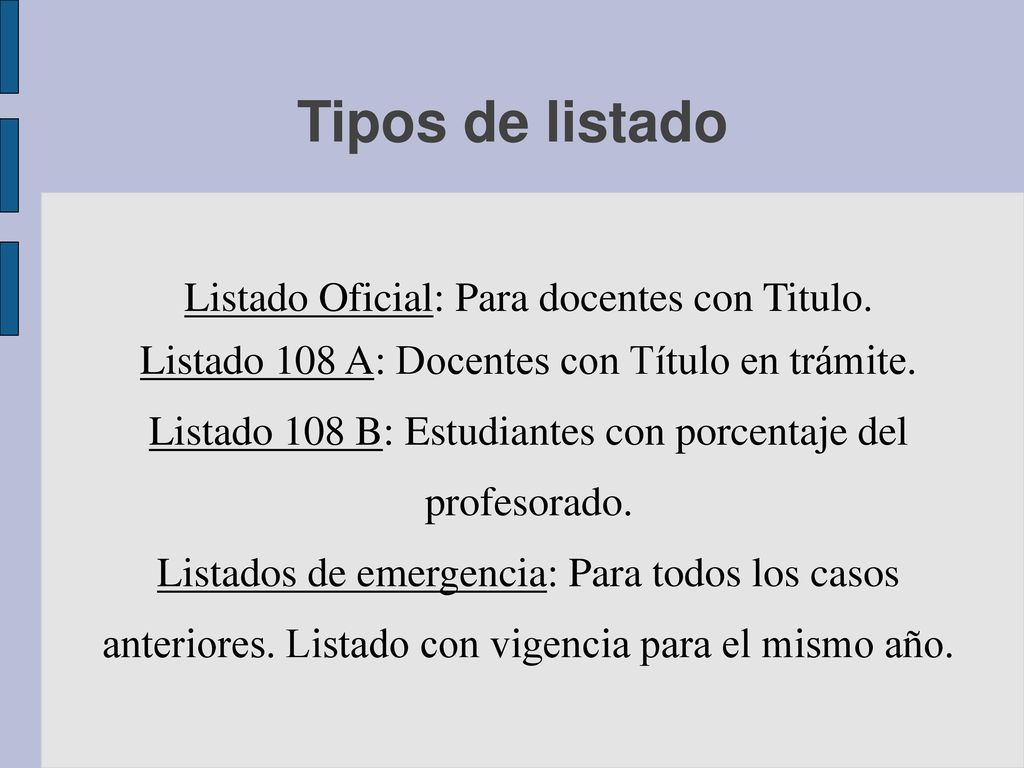 Tipos de listado Listado Oficial: Para docentes con Titulo.