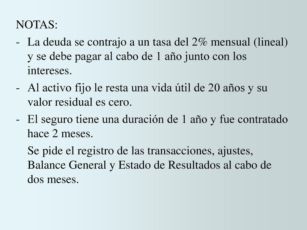 NOTAS: - La deuda se contrajo a un tasa del 2% mensual (lineal) y se debe pagar al cabo de 1 año junto con los intereses.