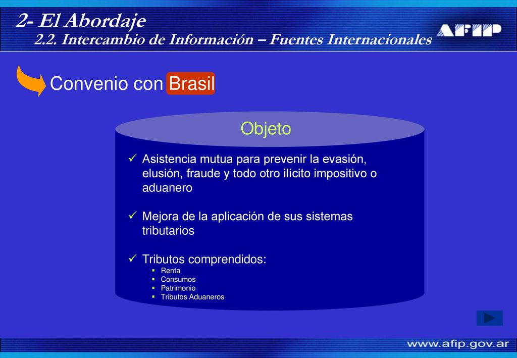2- El Abordaje 2.2. Intercambio de Información – Fuentes Internacionales. Convenio con Brasil. Objeto.