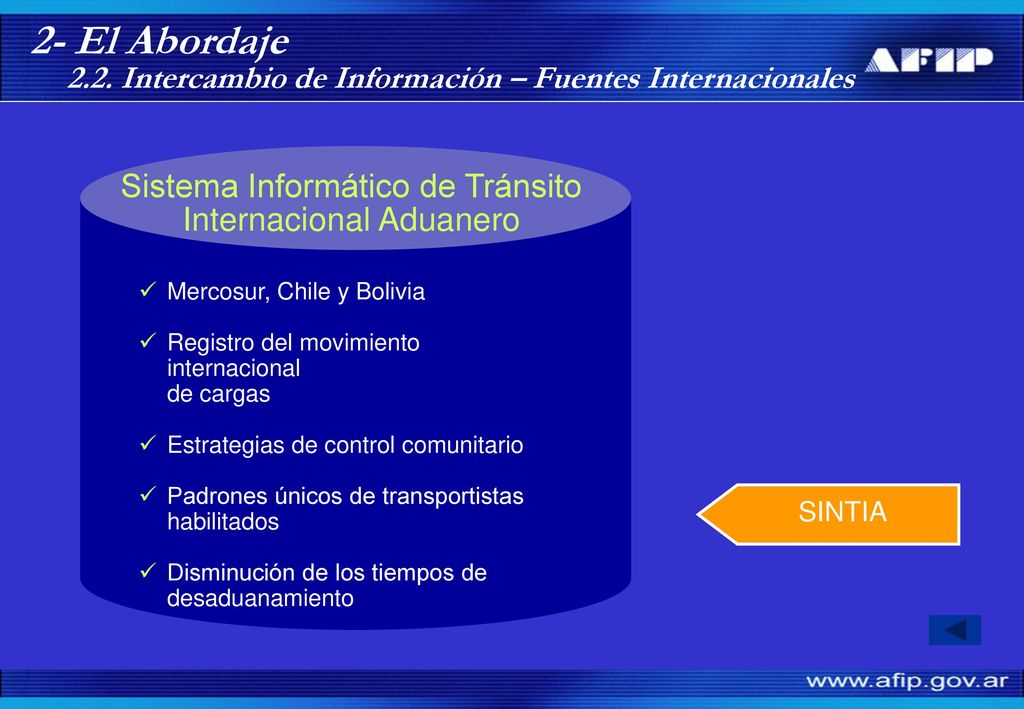 2- El Abordaje 2.2. Intercambio de Información – Fuentes Internacionales. Sistema Informático de Tránsito.