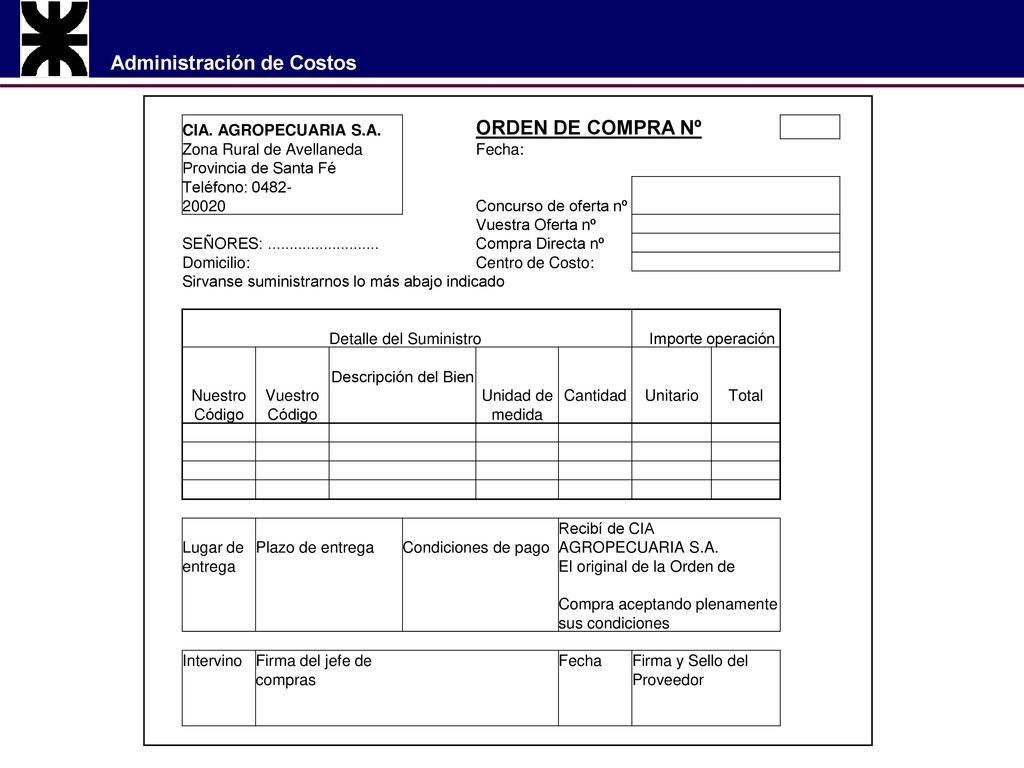 ORDEN DE COMPRA Nº CIA. AGROPECUARIA S.A. Zona Rural de Avellaneda