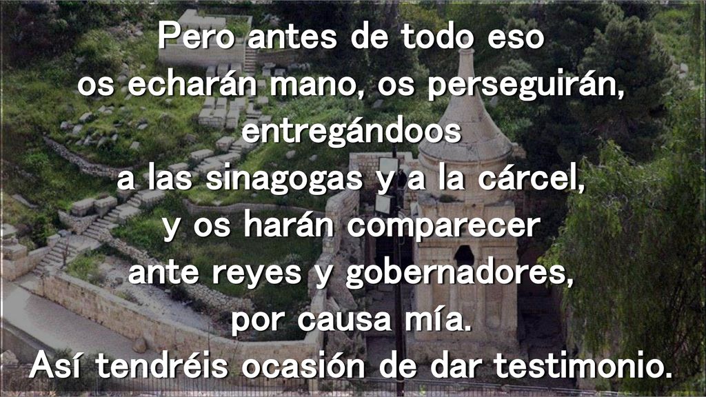 Pero antes de todo eso os echarán mano, os perseguirán, entregándoos a las sinagogas y a la cárcel, y os harán comparecer ante reyes y gobernadores, por causa mía.