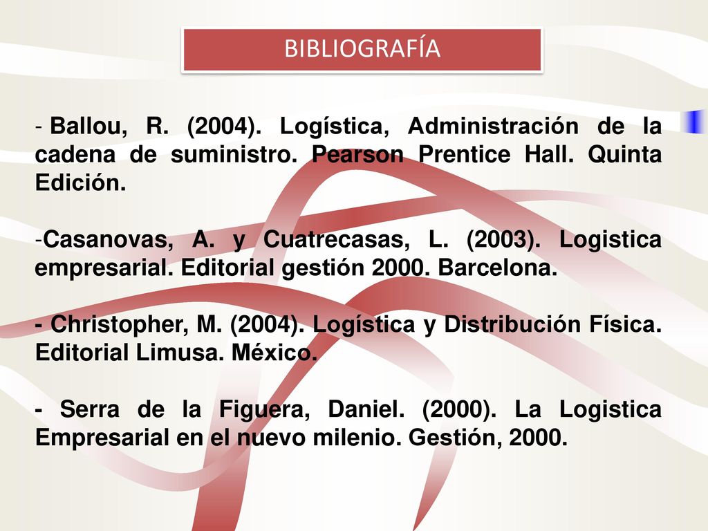BIBLIOGRAFÍA Ballou, R. (2004). Logística, Administración de la cadena de suministro. Pearson Prentice Hall. Quinta Edición.