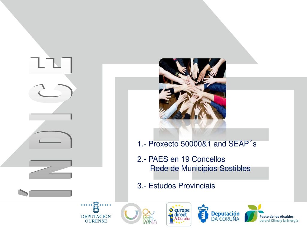 ÍNDICE 1.- Proxecto 50000&1 and SEAP´s 2.- PAES en 19 Concellos