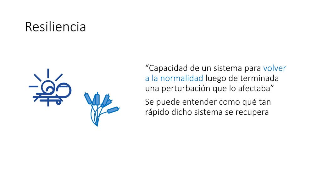 Resiliencia Capacidad de un sistema para volver a la normalidad luego de terminada una perturbación que lo afectaba