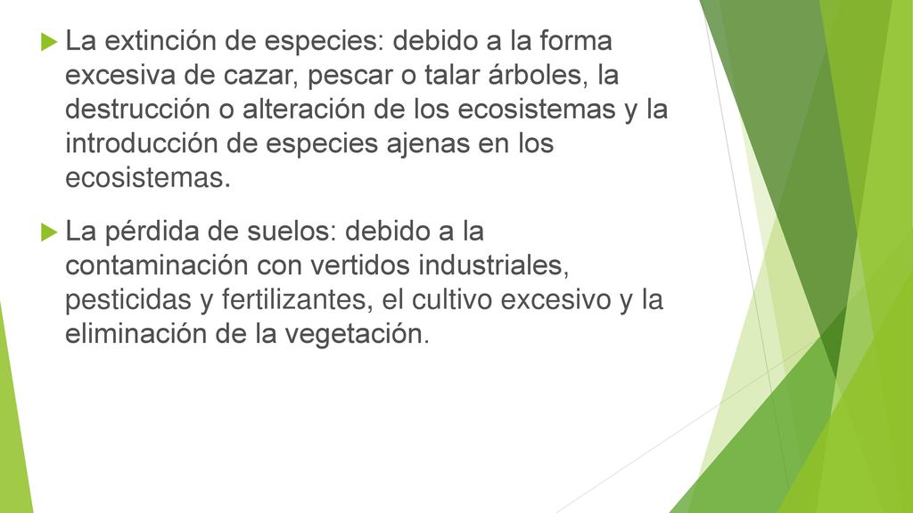 La extinción de especies: debido a la forma excesiva de cazar, pescar o talar árboles, la destrucción o alteración de los ecosistemas y la introducción de especies ajenas en los ecosistemas.