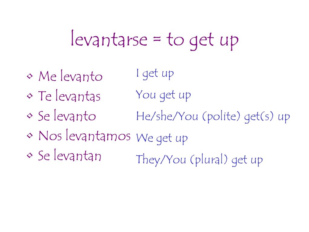 levantarse = to get up Me levanto Te levantas Se levanto