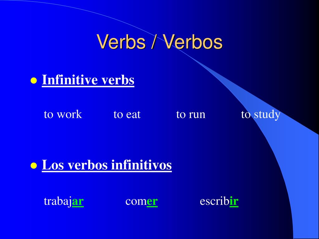 Verbs / Verbos Infinitive verbs Los verbos infinitivos to work to eat