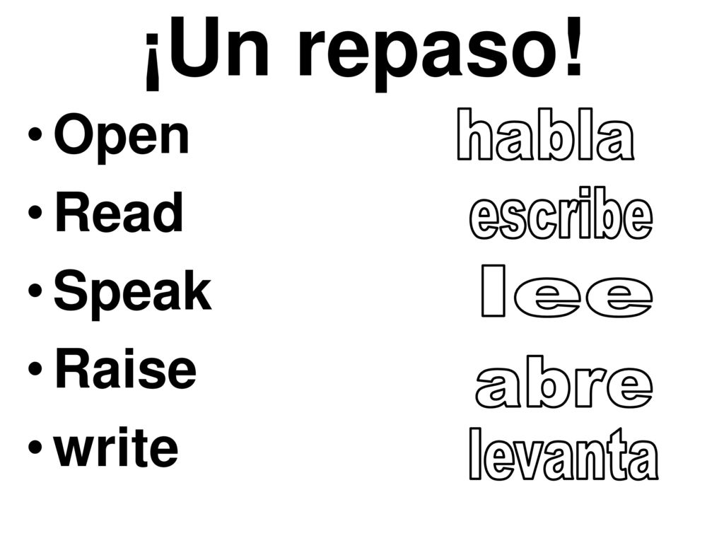 ¡Un repaso! Open Read Speak Raise write habla escribe lee abre levanta