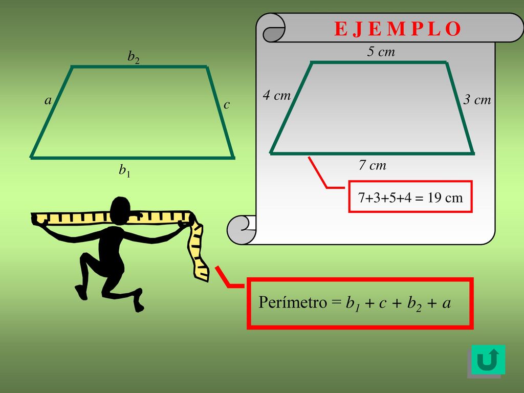 E J E M P L O Perímetro = b1 + c + b2 + a 4 cm 5 cm 7 cm 3 cm b2 a c