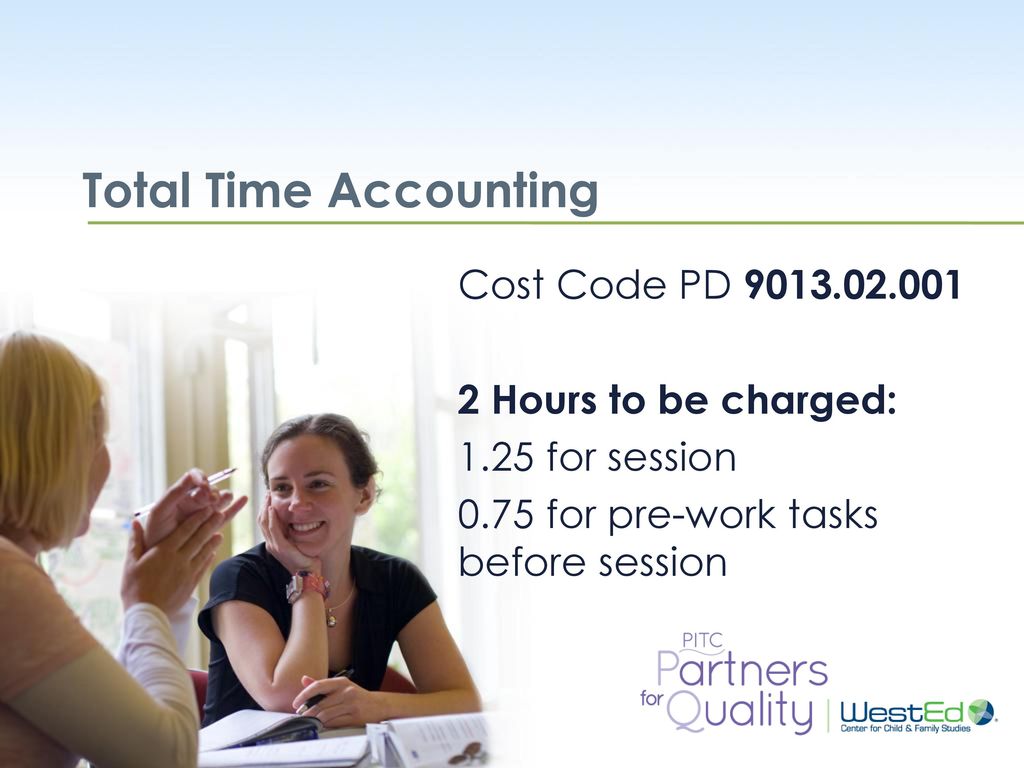 Total Time Accounting Cost Code PD Hours to be charged: 1.25 for session 0.75 for pre-work tasks before session