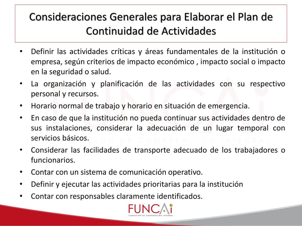 Consideraciones Generales para Elaborar el Plan de Continuidad de Actividades