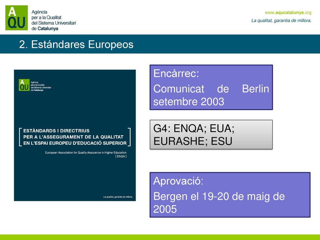2. Estándares Europeos Encàrrec: Comunicat de Berlin setembre G4: ENQA; EUA; EURASHE; ESU.
