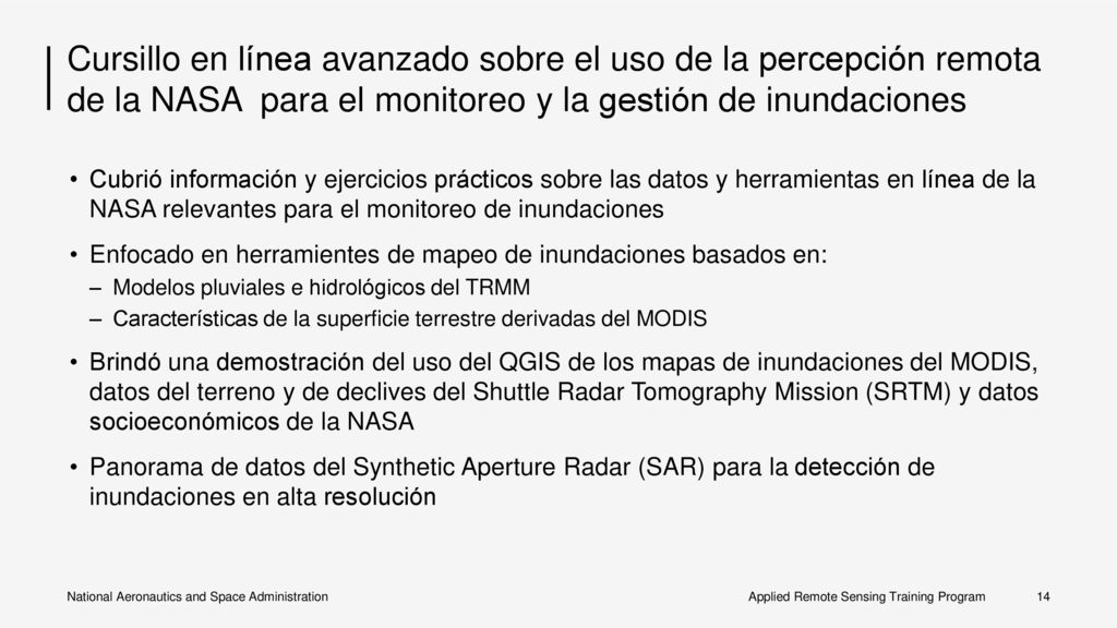 Cursillo en línea avanzado sobre el uso de la percepción remota de la NASA para el monitoreo y la gestión de inundaciones