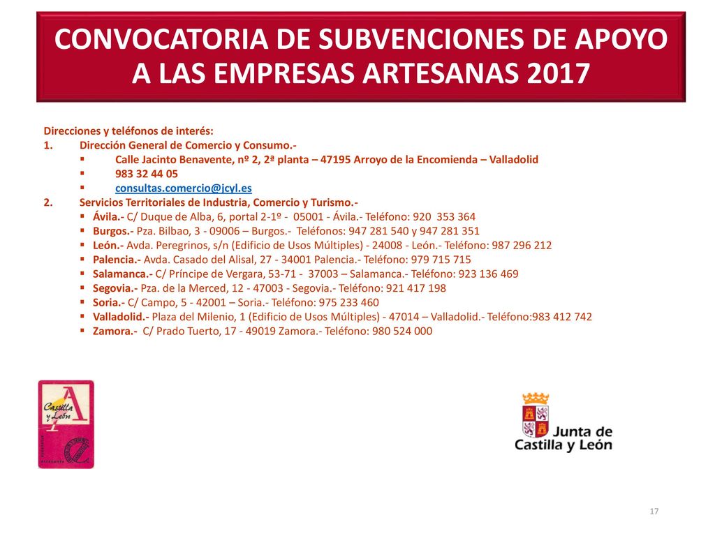 CONVOCATORIA DE SUBVENCIONES DE APOYO A LAS EMPRESAS ARTESANAS 2017