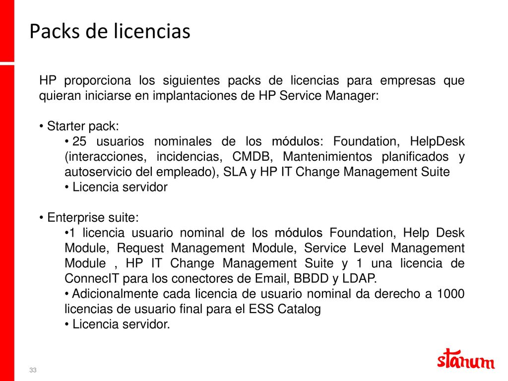 Packs de licencias HP proporciona los siguientes packs de licencias para empresas que quieran iniciarse en implantaciones de HP Service Manager: