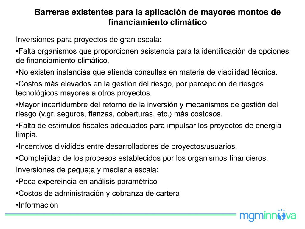 Barreras existentes para la aplicación de mayores montos de financiamiento climático