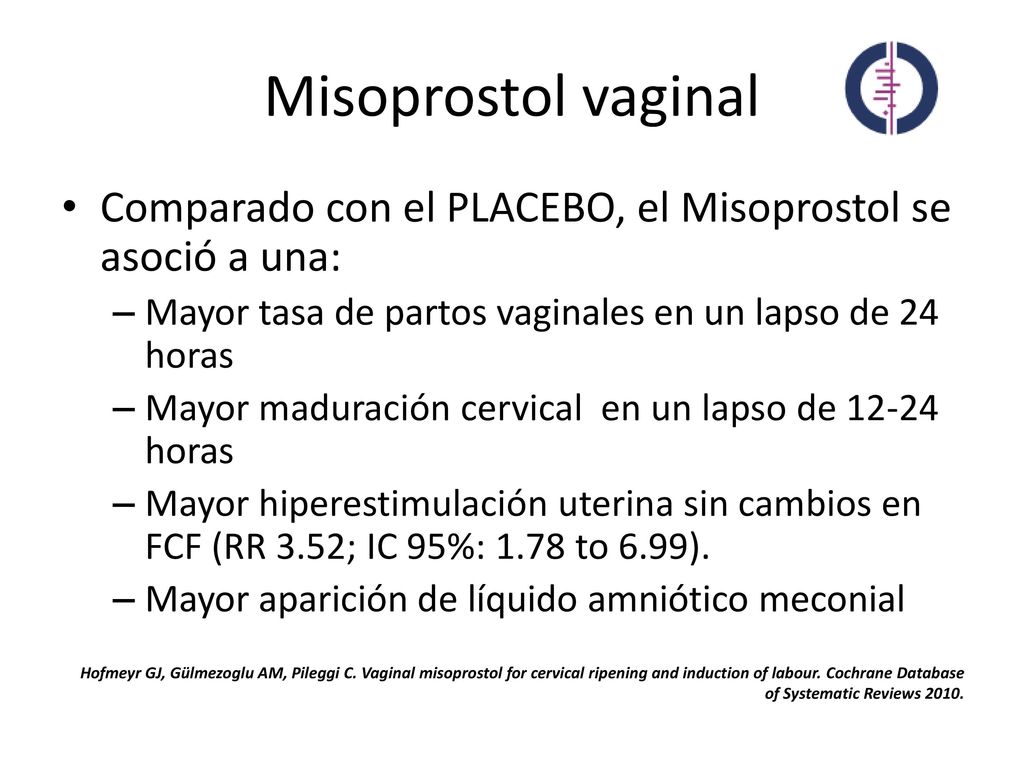 Misoprostol vaginal Comparado con el PLACEBO, el Misoprostol se asoció a una: Mayor tasa de partos vaginales en un lapso de 24 horas.