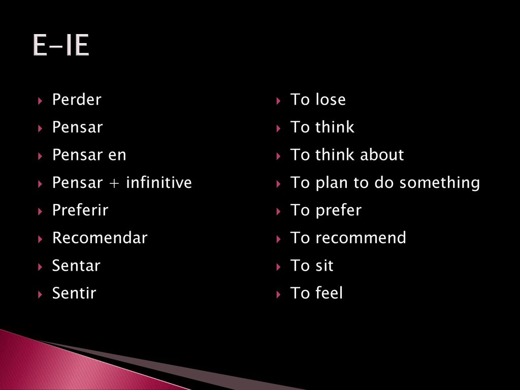 E-IE Perder Pensar Pensar en Pensar + infinitive Preferir Recomendar