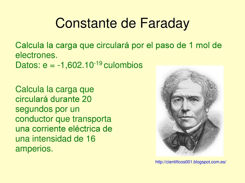 Constante de Faraday Calcula la carga que circulará por el paso de 1 mol de electrones. Datos: e = -1, culombios.