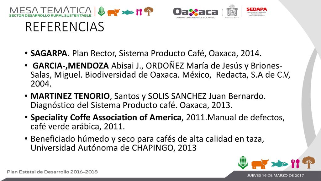 REFERENCIAS SAGARPA. Plan Rector, Sistema Producto Café, Oaxaca, 2014.