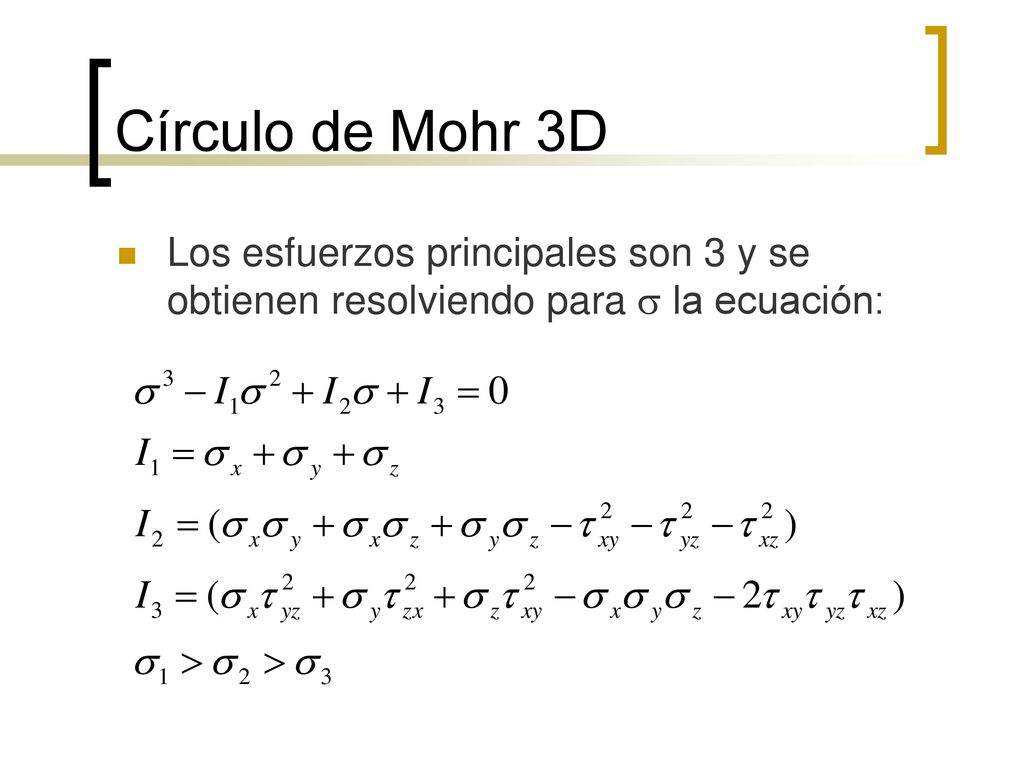 Círculo de Mohr 3D Los esfuerzos principales son 3 y se obtienen resolviendo para s la ecuación: