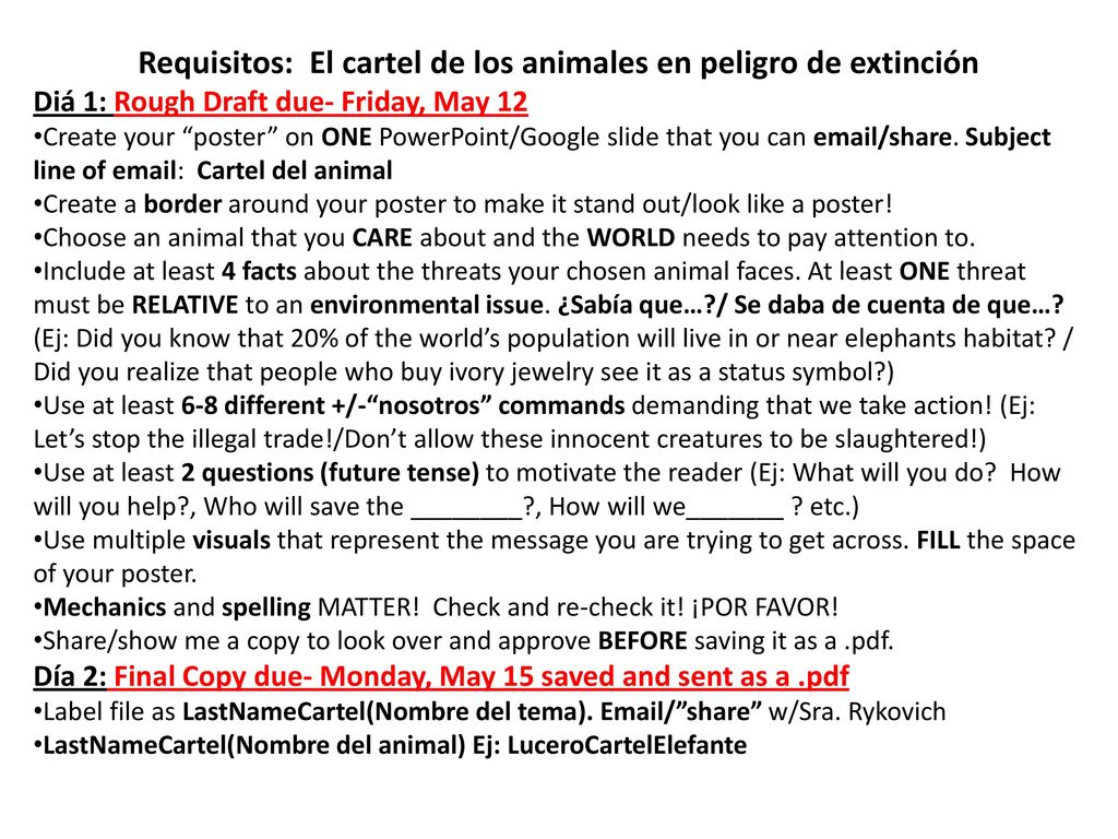 Requisitos: El cartel de los animales en peligro de extinción