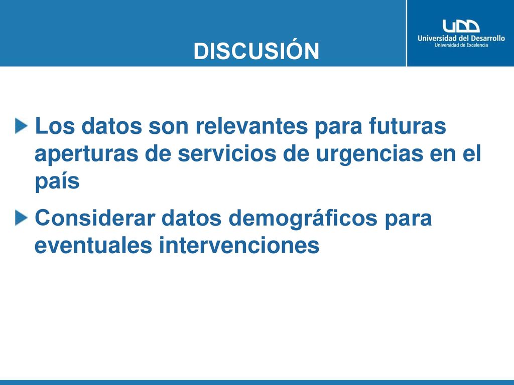 DISCUSIÓN Los datos son relevantes para futuras aperturas de servicios de urgencias en el país.