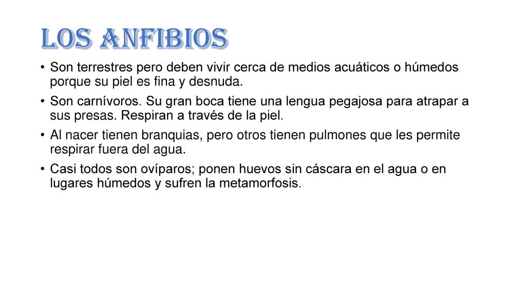 LOS ANFIBIOS Son terrestres pero deben vivir cerca de medios acuáticos o húmedos porque su piel es fina y desnuda.