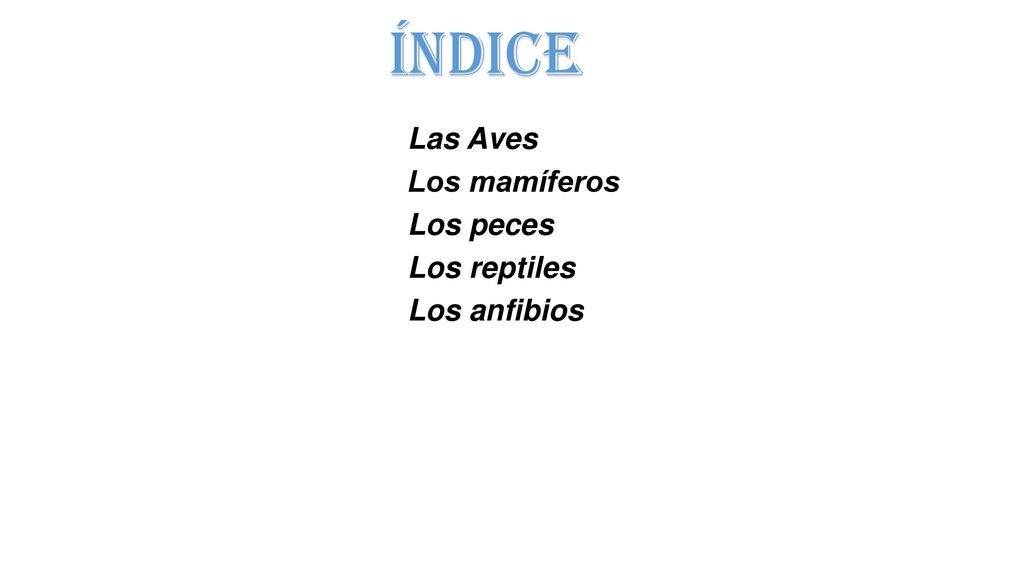 Índice Las Aves Los mamíferos Los peces Los reptiles Los anfibios