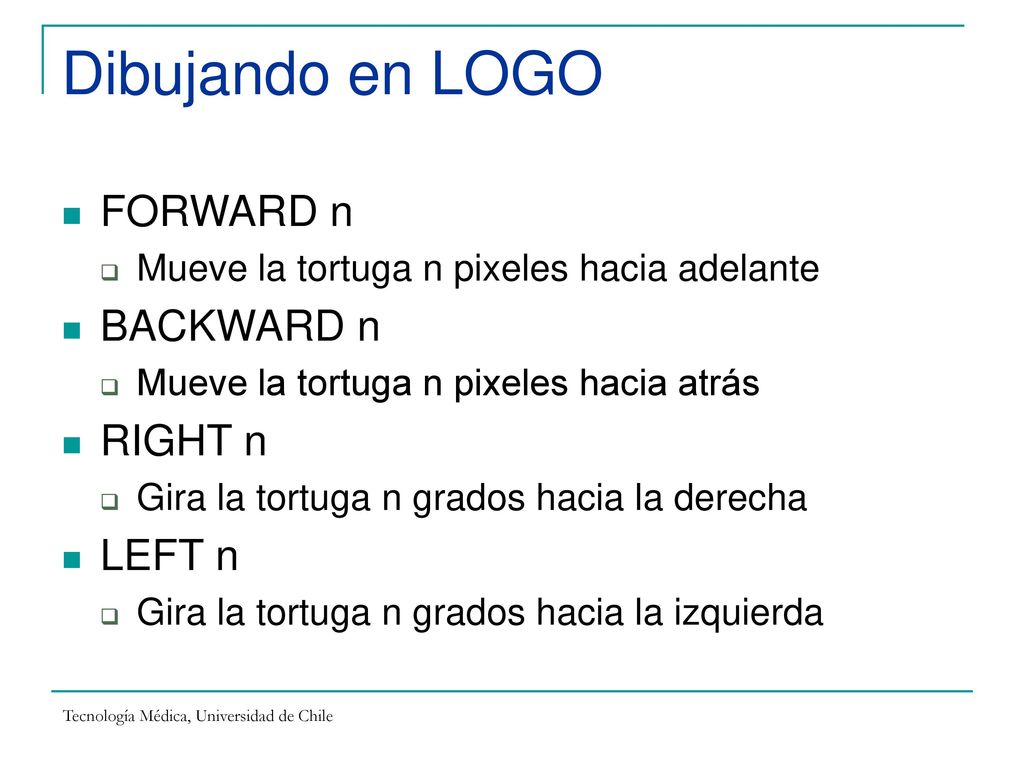 Dibujando en LOGO FORWARD n BACKWARD n RIGHT n LEFT n