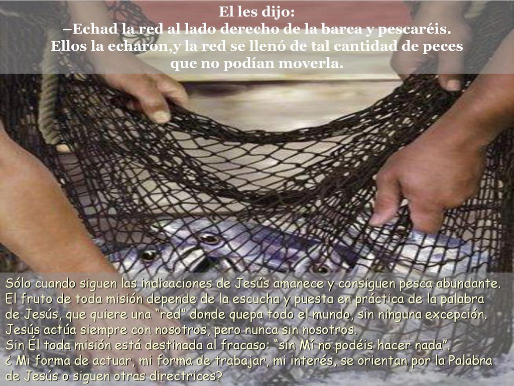 El les dijo: –Echad la red al lado derecho de la barca y pescaréis