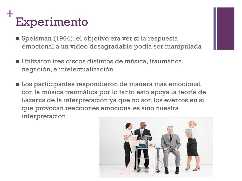 Experimento Speisman (1964), el objetivo era ver si la respuesta emocional a un video desagradable podía ser manipulada.