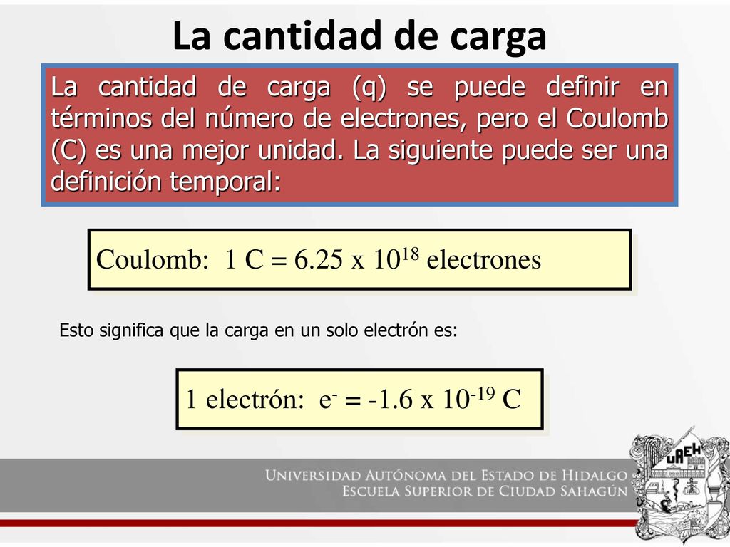 La cantidad de carga Coulomb: 1 C = 6.25 x 1018 electrones