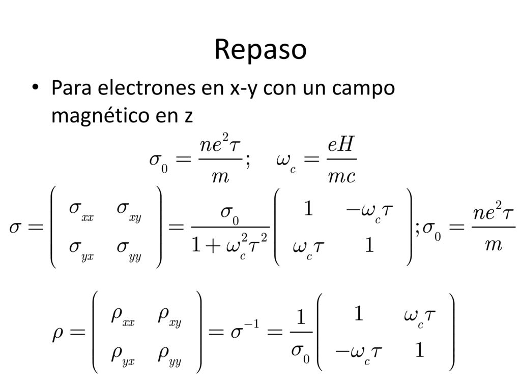 Repaso Para electrones en x-y con un campo magnético en z