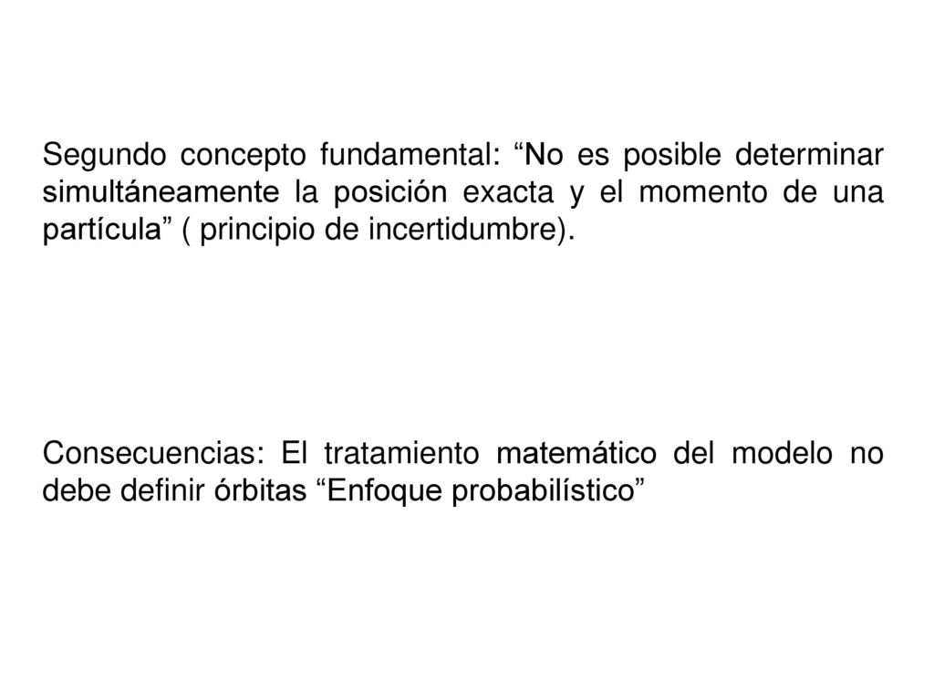 Segundo concepto fundamental: No es posible determinar simultáneamente la posición exacta y el momento de una partícula ( principio de incertidumbre).