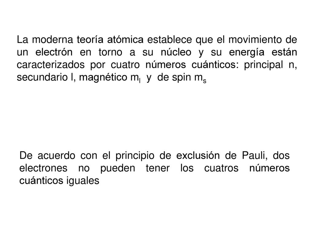 La moderna teoría atómica establece que el movimiento de un electrón en torno a su núcleo y su energía están caracterizados por cuatro números cuánticos: principal n, secundario l, magnético ml y de spin ms