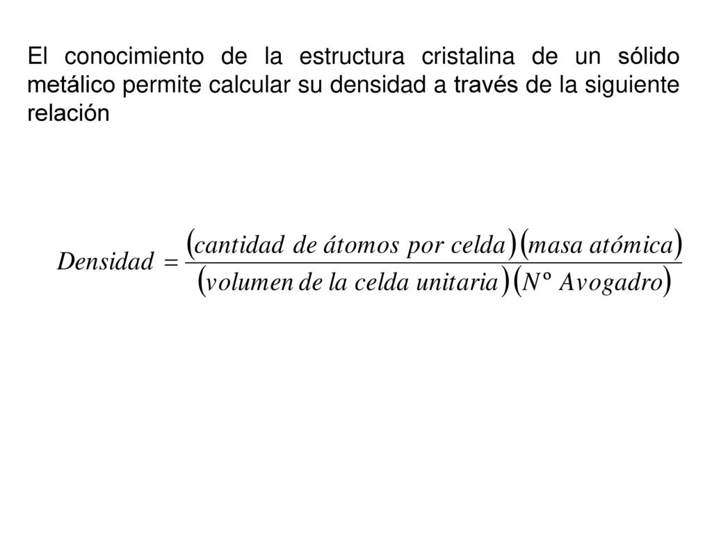 El conocimiento de la estructura cristalina de un sólido metálico permite calcular su densidad a través de la siguiente relación