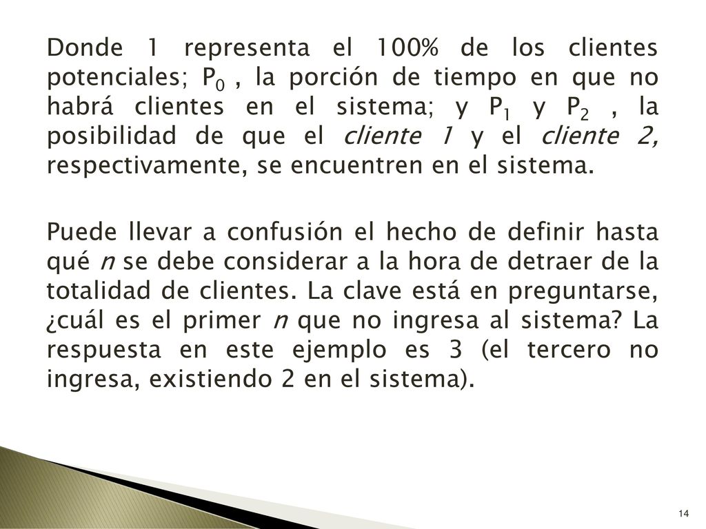 Donde 1 representa el 100% de los clientes potenciales; P0 , la porción de tiempo en que no habrá clientes en el sistema; y P1 y P2 , la posibilidad de que el cliente 1 y el cliente 2, respectivamente, se encuentren en el sistema.